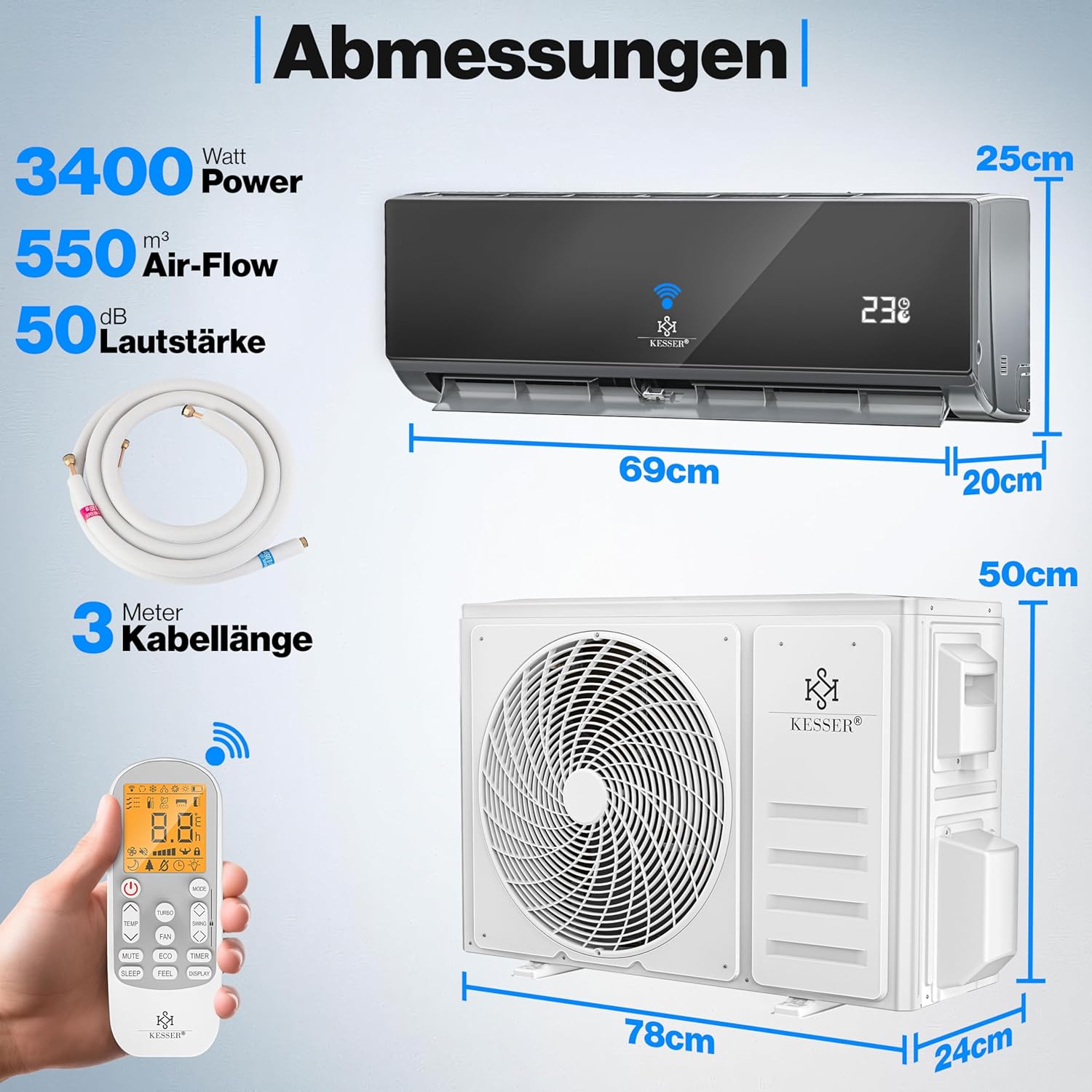 KESSER® Klimaanlage Set Split - mit WiFi/App Funktion Klimagerät - Kühlen A++/ Heizen A+ - 9000 BTU/h (2.600 Watt) Kältemittel R32 - Fernbedienung, Timerfunktion - Inkl. komplettem Montagematerial