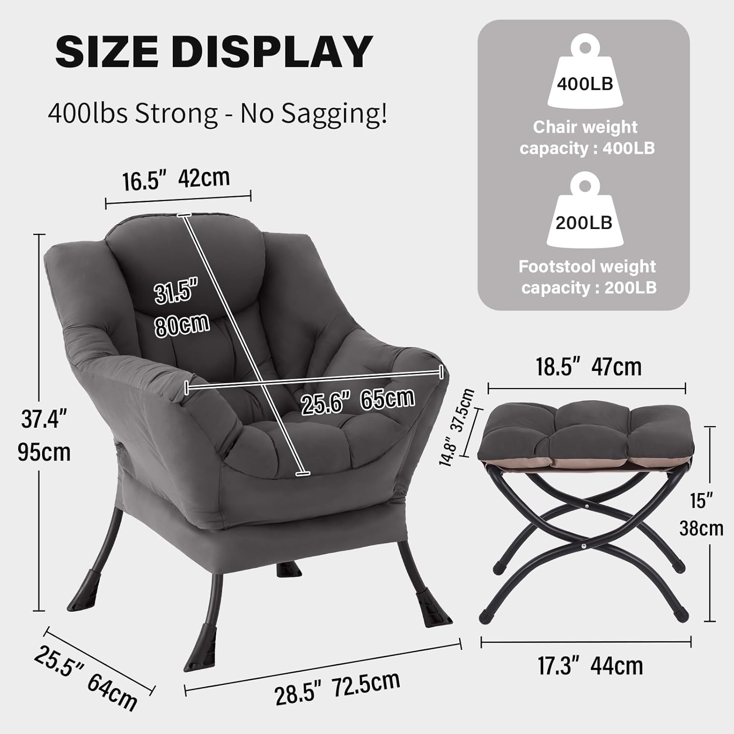 Tiita Modern Large Accent Chair with Ottoman, Comfy Leisure Sofa Armchair with Footrest, Reading Chair for Bedroom, Living Room, Dorm Rooms, Garden Dark Grey