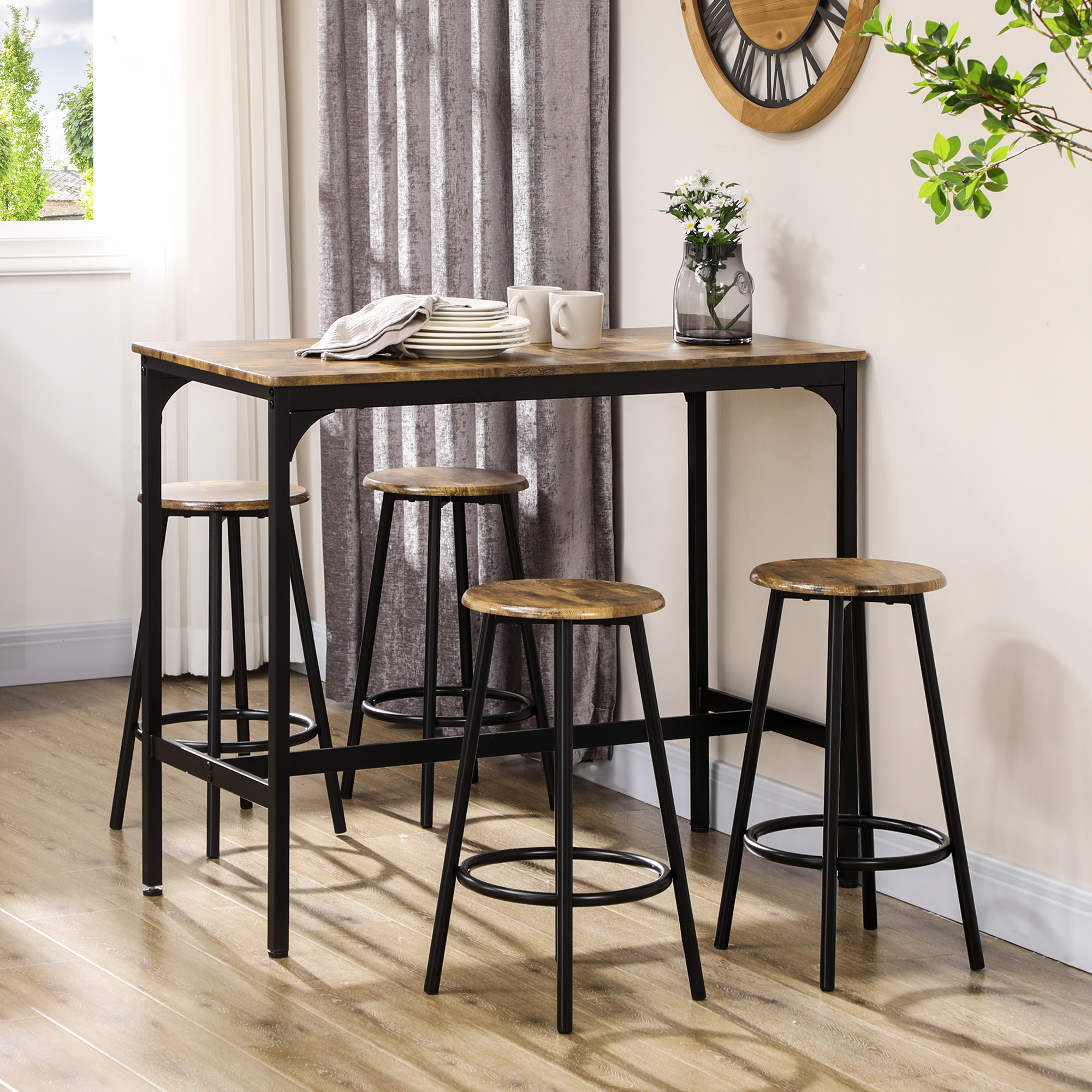 HOMCOM 5-delig. Bartafelset met industrieel design, 1 bartafel, 4 barkrukken, bankstel, aanrecht, zwart+bruin