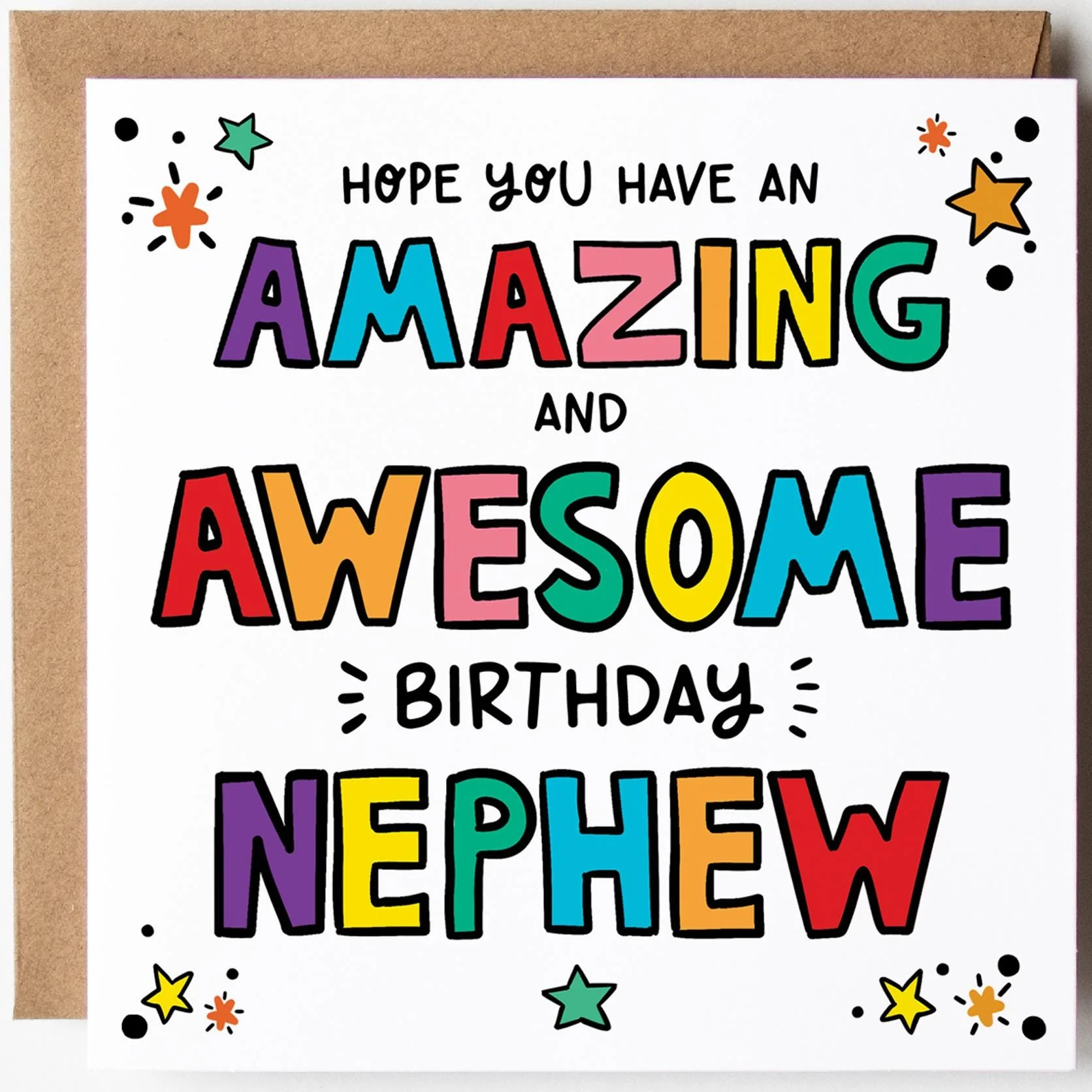 Nephew Birthday Card; Colourful, Bright, Fun with kraft envelope.