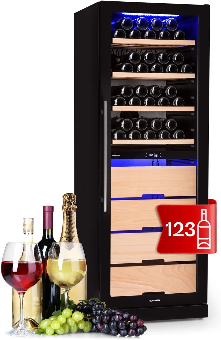 Klarstein Weinkühlschrank, Getränkekühlschrank Schmal, 2 Zonen Kühlschrank mit Glastür, Getränkekühlschränke Freistehend, Weinkühlschrank Klein, Weinkühlschränke mit UV-Schutz, 5-18°C, 123 Flaschen