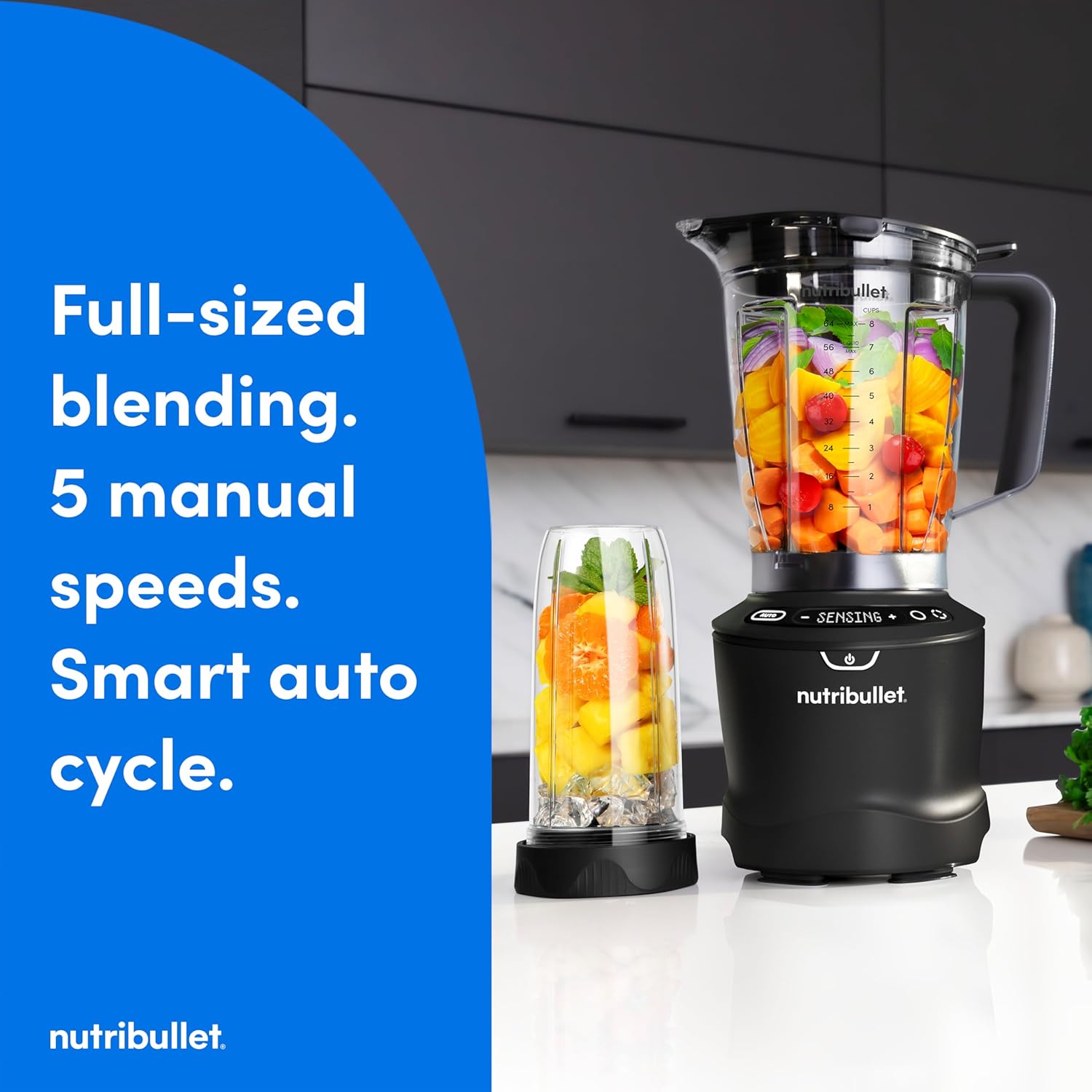 nutribullet® SmartSense Blender Combo, 1400W, 64oz Pitcher, 32oz & 24oz Cups, 5-Speed, Smoothies, Ice and Frozen Fruit, Nut Milk, Soup, Matte Black, NBF50700AK