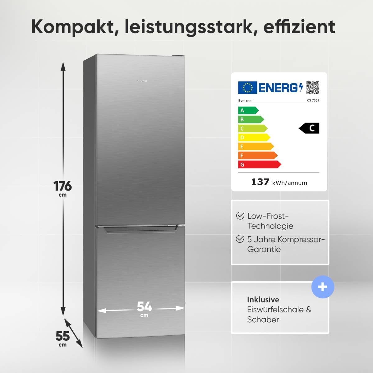 Bomann® Kühlschrank mit Gefrierfach | Energieklasse C | 176cm | LowFrost | 5 Jahre Kompressor-Garantie | Kühl Gefrierkombination leise | Türanschlag wechselbar | Kühlgefrierkombi | KG 7369 silber