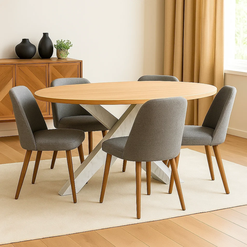 Spisest, 4 sder, tr og stof, beige, oval, med X-formet base, bordml 120x80x75 cm, stoleml 50x50x85 cm, til spisestue eller kkken - YoudyRTO6umF
