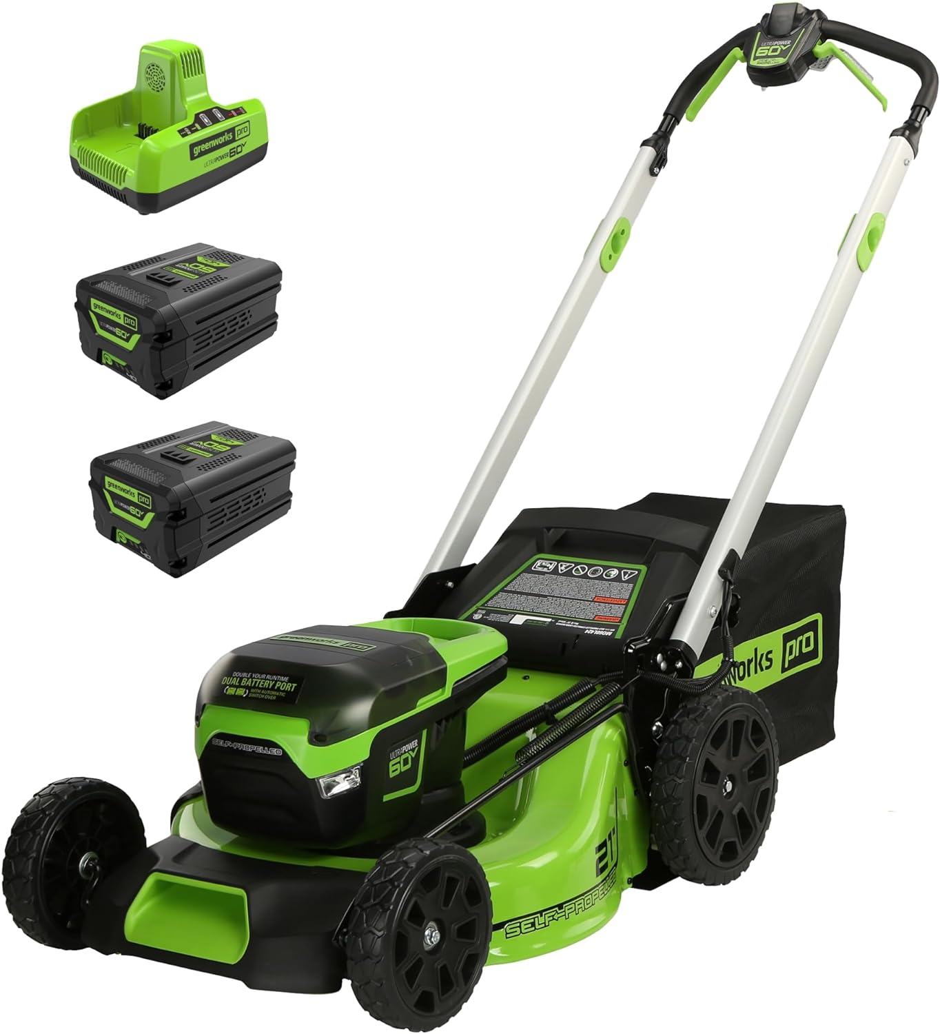 2025 Greenworks Draadloze 60V Grasmaaier van 21�� (Zelfaandrijvend), 2 Batterijen van 4.0Ah en Snellader met Dubbele Poort