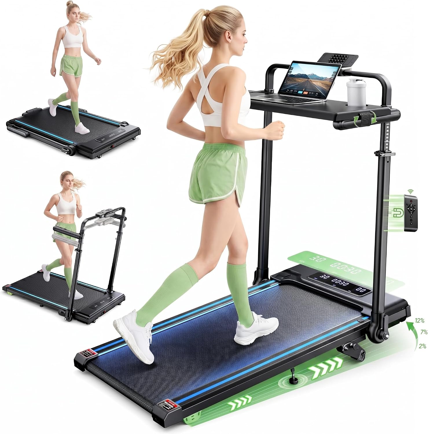 3.0HP Treadmill with Handle and 2%-7%-12% Incline, 6 in 1 Walking Pad Folding Treadmills for Home Foldable with 1-12KM/H, RGB Lights,LED Display,Magnetic Remote&APP Control