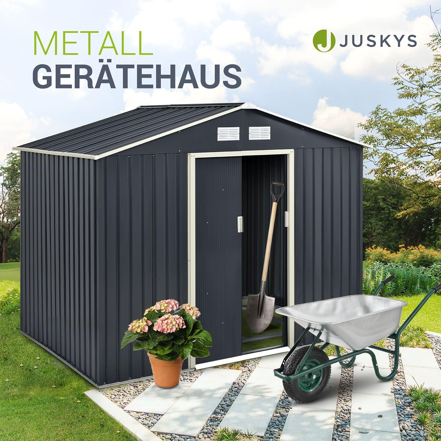 Juskys caseta metálica para Herramientas XL 9m³ con Techo a Dos Aguas, Puerta corredera y cimentación - 277 x 191 x 192 cm - Antracita - cobertizo metálico para jardín