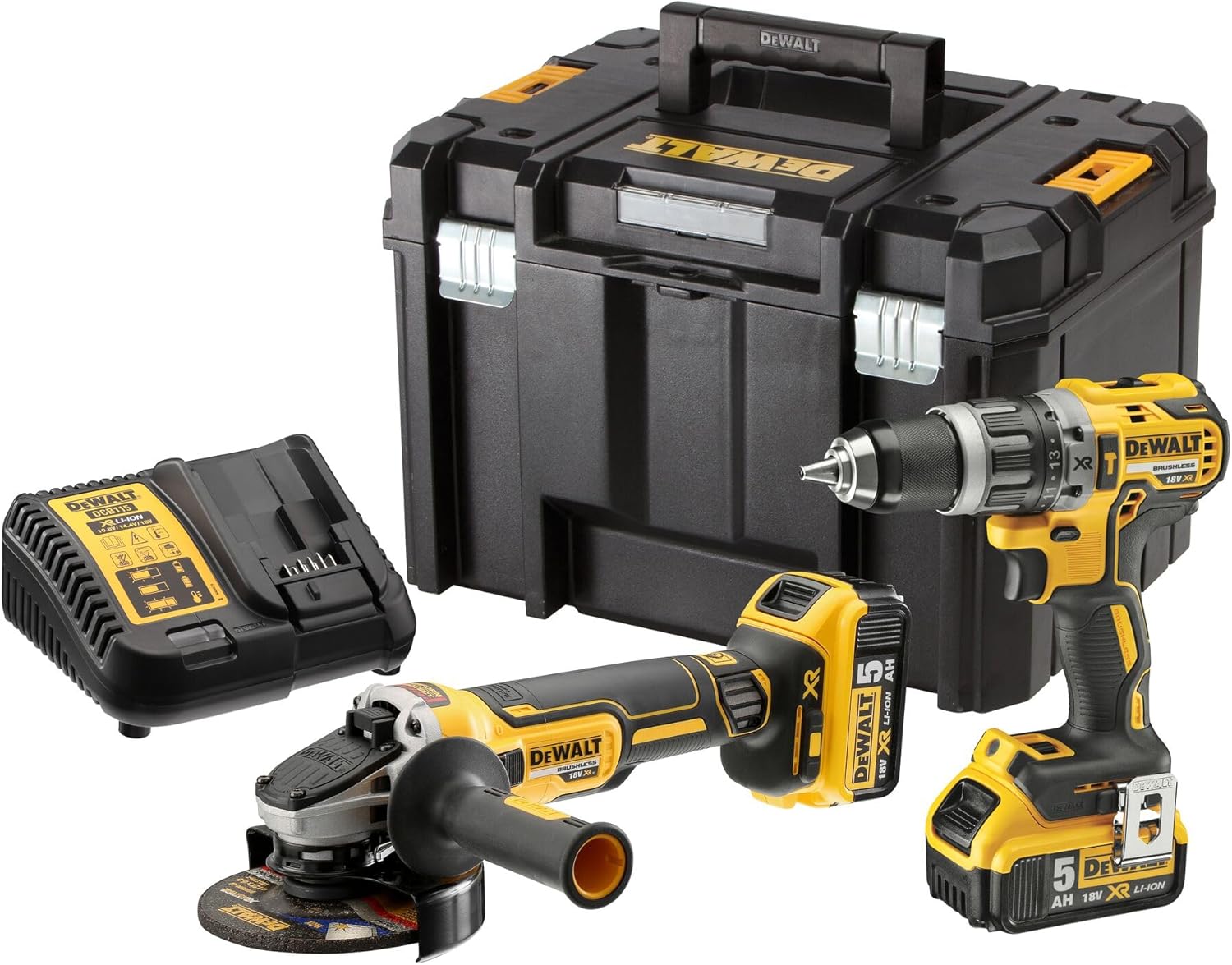 DEWALT KIT composto da DCD796 Trapano 2 vel+ DCG405 Smerigliatrice 125mm + 2 x XR 18V 5Ah, DCK2080P2T-QW