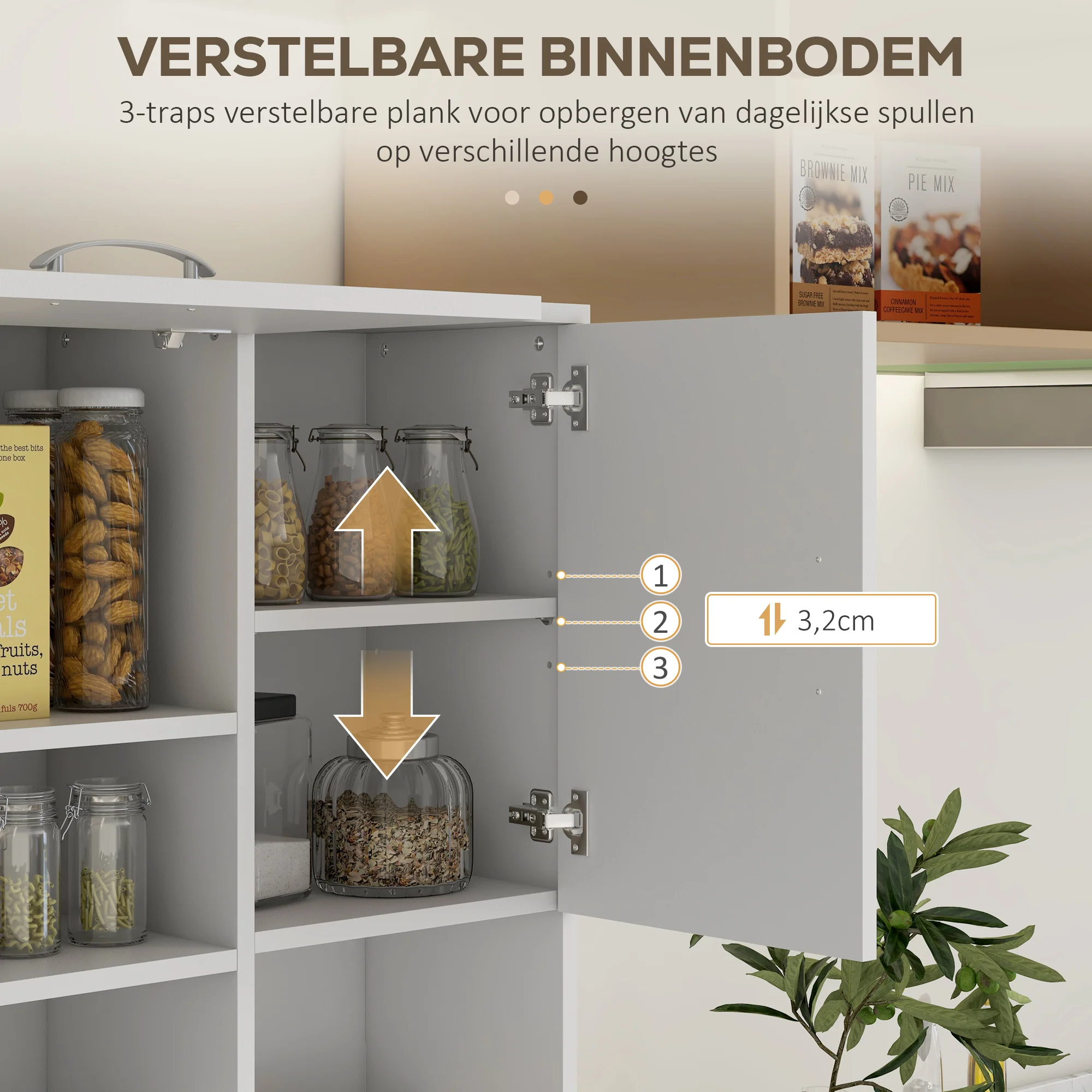 HOMCOM Keukenkast, Buffet, 3 Laden, 3 Planken, Veel Opbergruimte, 89x39,5x168cm, Wit