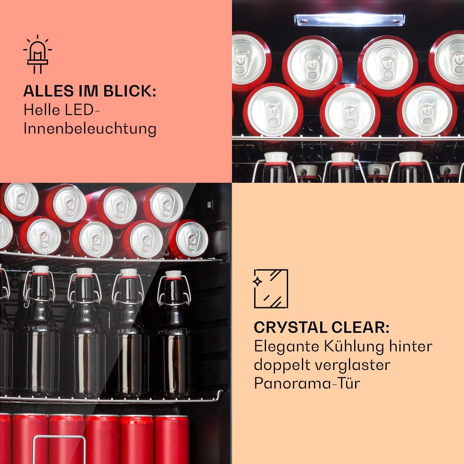 Klarstein Mini Koelkast met Glazen Deur voor Kamer, Drankenkoelkast met Verstelbare Planken, Klein 80 Liter, Indoor/Outdoor Koelkast Stil