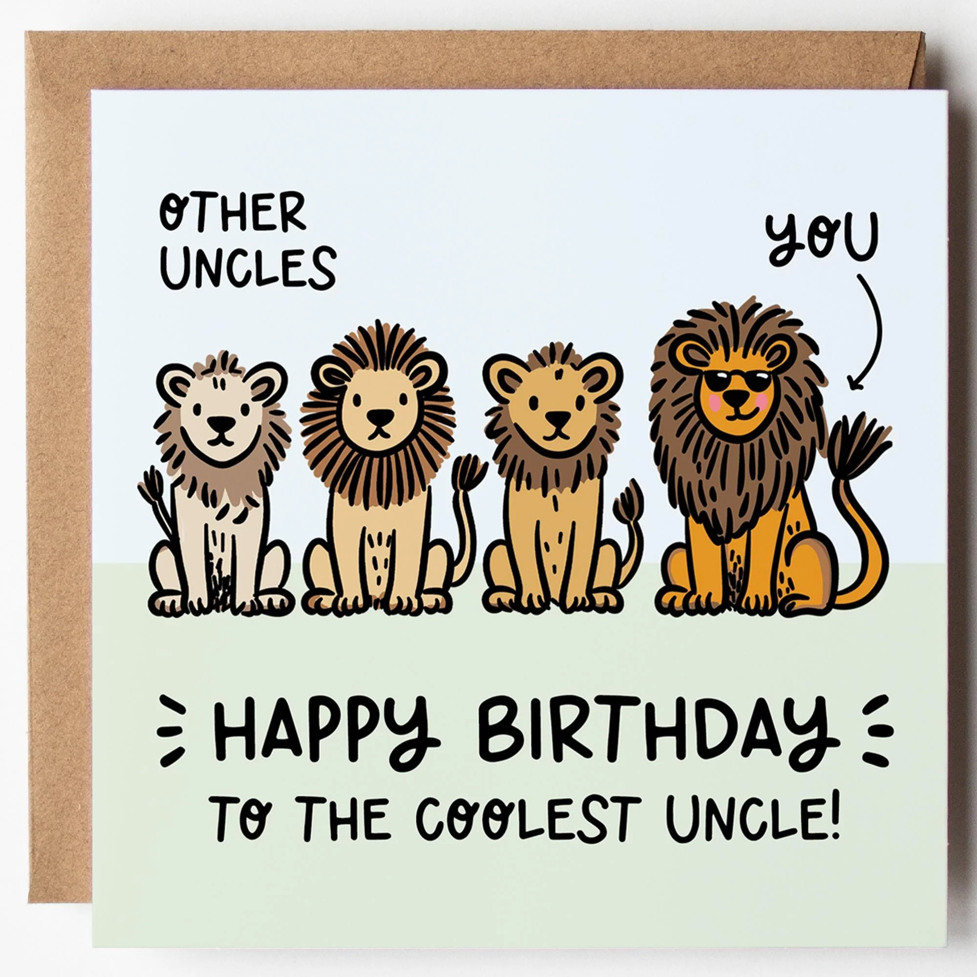 Funny Uncle Birthday Card: Lion Design, Kraft Envelope