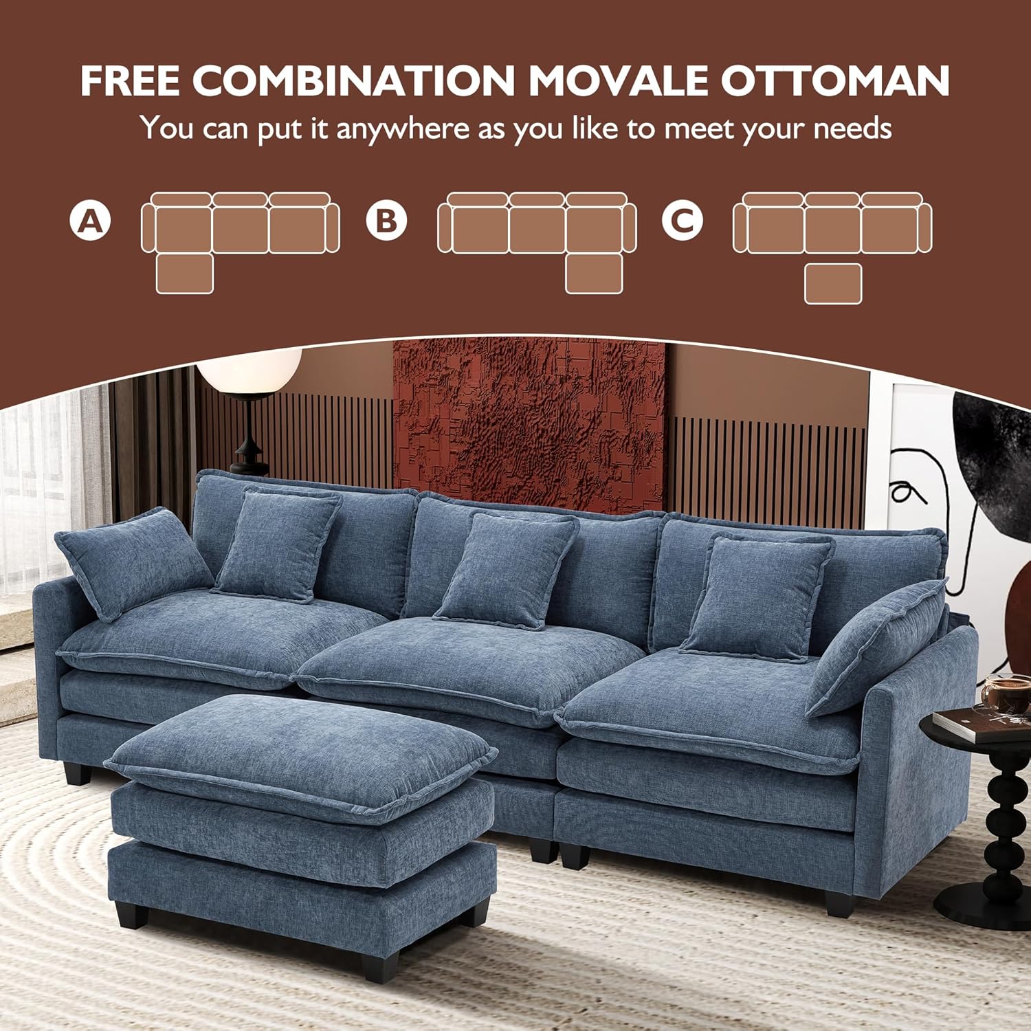 111.4 Inch L-Shaped Modern Sofa Modular Cloud Sofa Ottoman 4-Seater Chenille Deep Seat Sofa