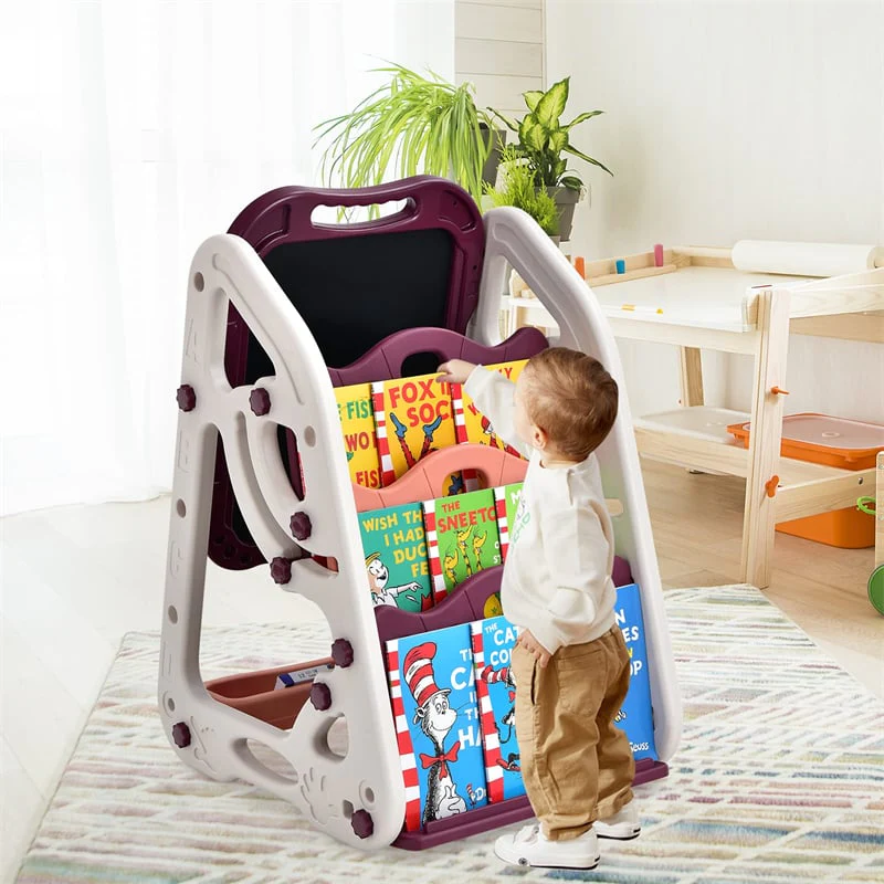 3-in-1 Kids Art Easel Double-Sided Magnetic Whiteboard & Chalkboard with Book Rack, Height Adjustable Standing Book Shelf Art Easel for Toddlers
