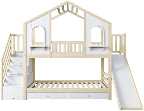 Kinderbett Etagenbett 90x200, Hochbett Hausbett mit Rutsche&Aufbewahrungsleiter&2 Schubladen&Fenstern&Dach, Stockbett Doppelbett Holzbett mit Lattenrost&Rausfallschutz, Kiefer,Ohne Matratze,Holzfarbe