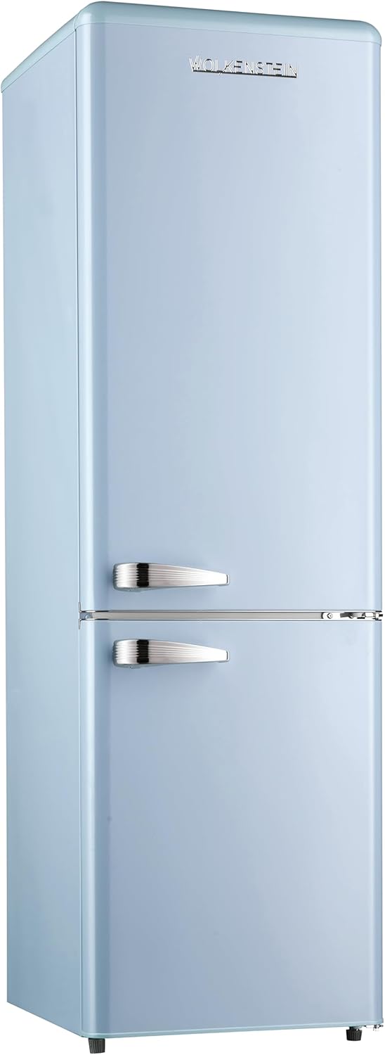 Wolkenstein KG250.4RT LB Retro Kühl-Gefrier-Kombination | Hellblau | 249 Liter Nutzinhalt | 4 Sterne 69 Liter Gefrierfach | Nur 41 dB | LED-Beleuchtung | Silber Applikation | Freistehend