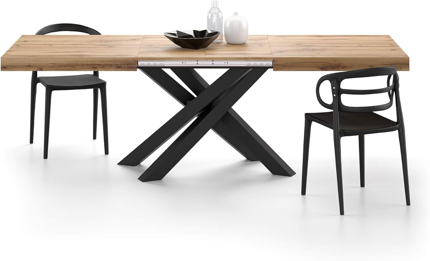 Mobili Fiver, Tavolo Allungabile Emma 160(240) x90 cm, Rovere Rustico con Gambe Incrociate Nere, per 6-10 persone, Tavolo Cucina, Soggiorno, Made in Italy