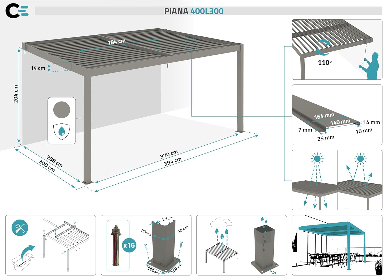 Cazeboo Pergola bioclimatica addossata PIANA 4x3m in alluminio tortora