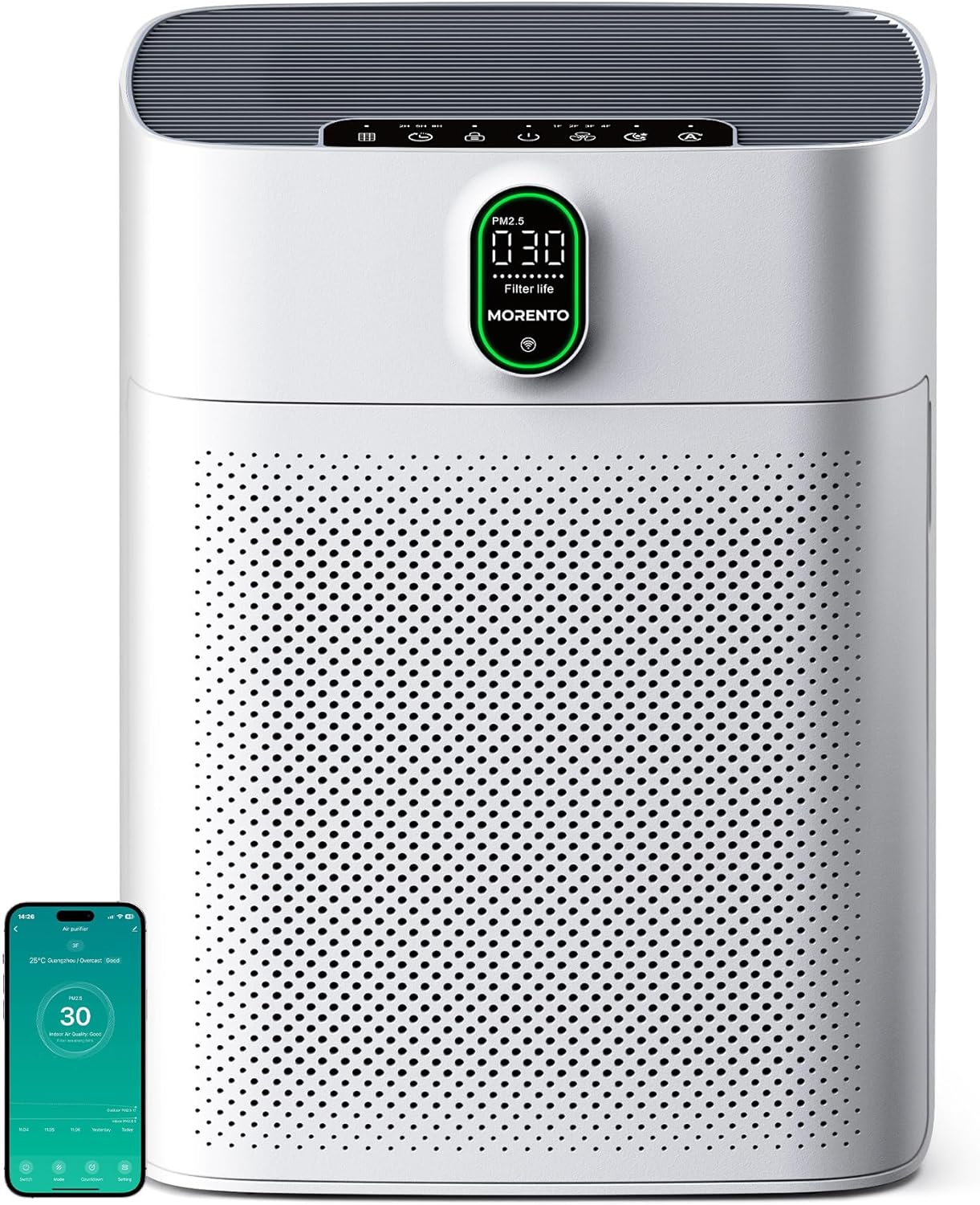 MORENTO Luftreiniger Allergiker für Wohnung Raucherzimmer, HEPA Luftfilter gegen Staub Pollen Tierhaare, CADR 300m³/h für 100㎡, Luftqualitäts-Feedback Air Purifier, Weiß, 1 Pack+2 Ersatzfilter