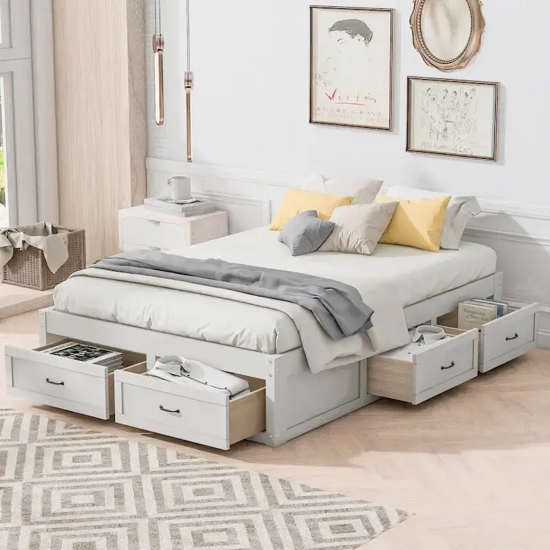 Antique White Full Platform Bed with 6 Storage Drawers