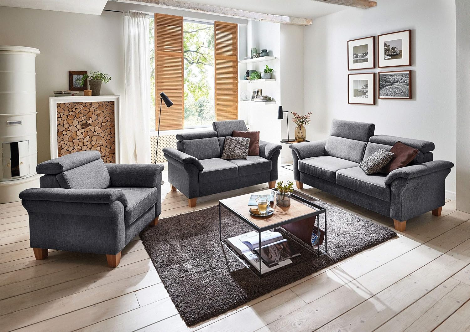 Cavadore 3-Sitzer Sofa Ammerland / Couch mit Federkern im Landhausstil / Inkl. verstellbaren Kopfstützen / 186 x 84 x 93 / Strukturstoff grau