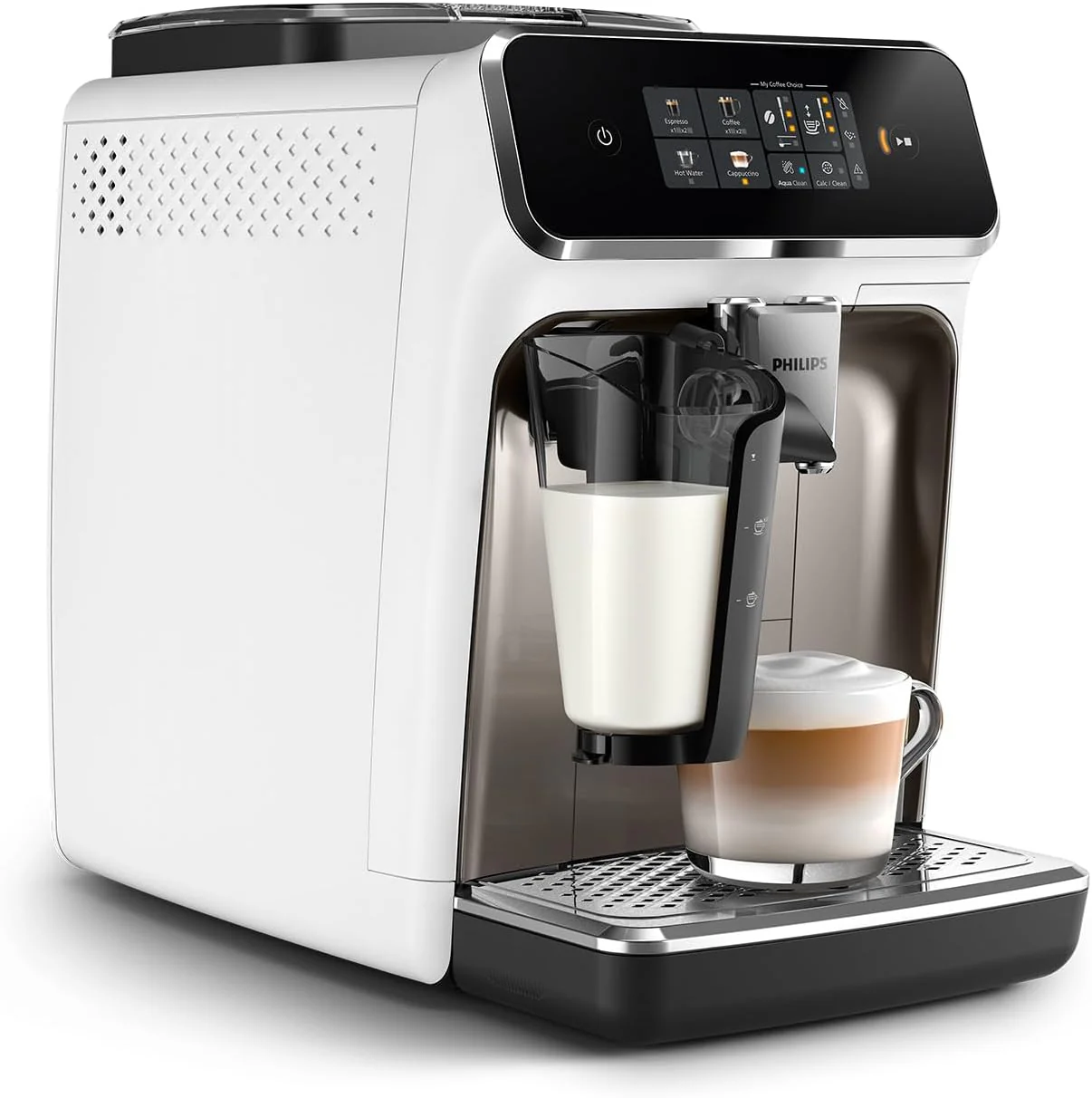 Philips 2300 Serie Vollautomatische Espressomaschine - 4 Getränke, modernes Farb-Touchscreen-Display, LatteGo-Milchsystem, SilentBrew, Keramikmahlwerk, AquaClean-Filter. Weißes Chrom (EP2333/40)