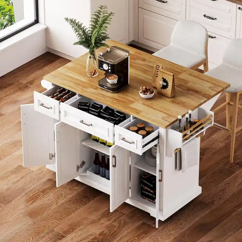 Large Kitchen Island with Wood Drop Leaf, Embossed Texture Rolling Kitchen Cart wDoors and Drawers wStorage for Kitchen, White