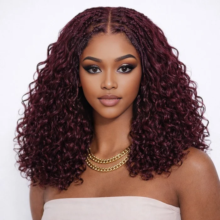 Glueless Boho Braided Black Cherry Loose Curly 13X6 Full HD Lace Front Wig Pull Go Drawstring Cap Human Hair Wig