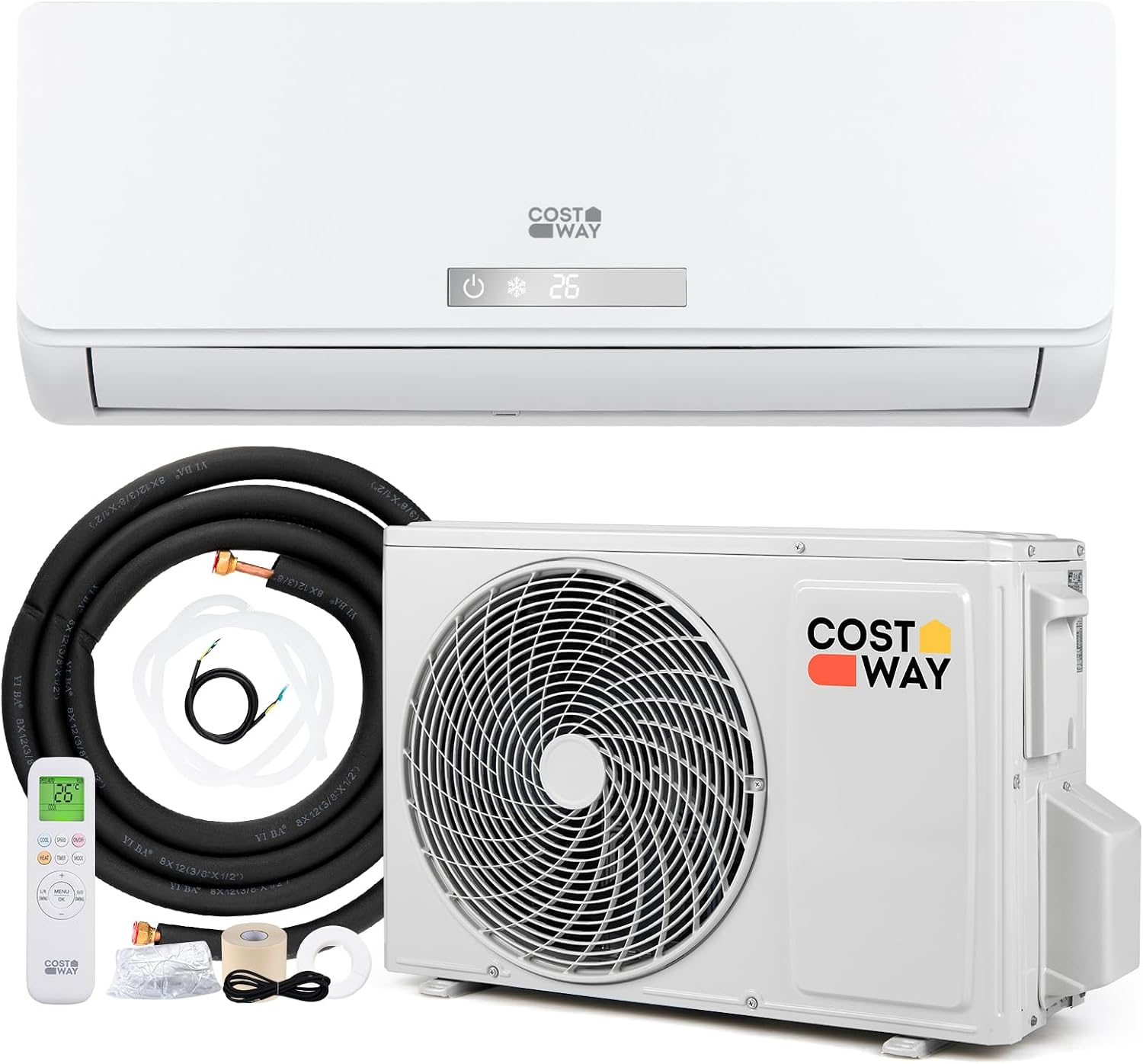 COSTWAY 18000 BTU Air Conditioner Wall Split, 5 In 1 Air Cooler Heater Dehumidifier Air Purifier Fan with Heat Pump & Remote Control, A++ Efficiency, Inverter, Installation Kit Included