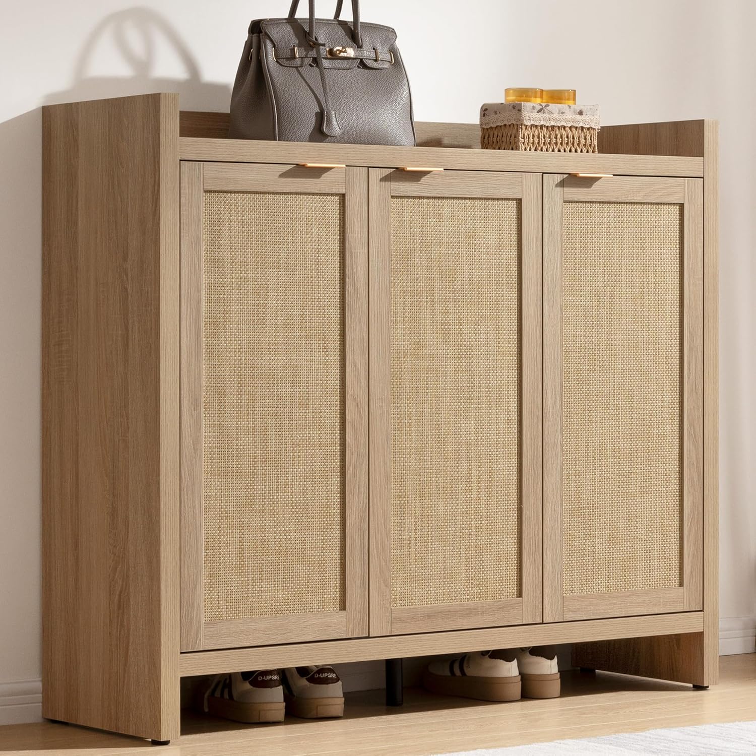 SICOTAS Shoe Storage Cabinet, 30 Pairs Rattan Shoe Cabinet Storage for Entryway