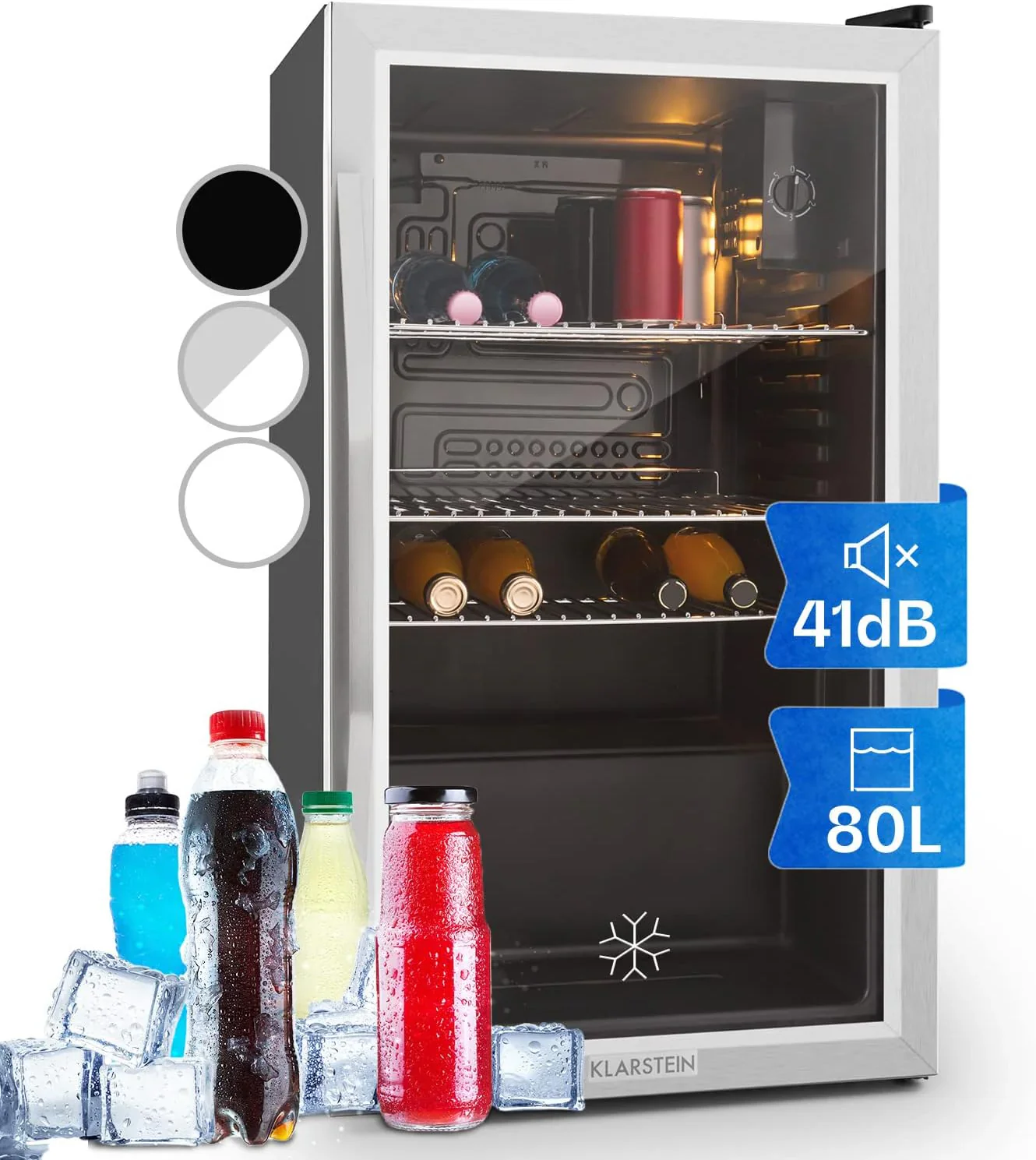 Klarstein mini hűtőszekrény üvegajtóval szobába, italhűtő állítható polcokkal, kicsi, 80 literes, beltéri/kültéri csendes hűtőszekrény