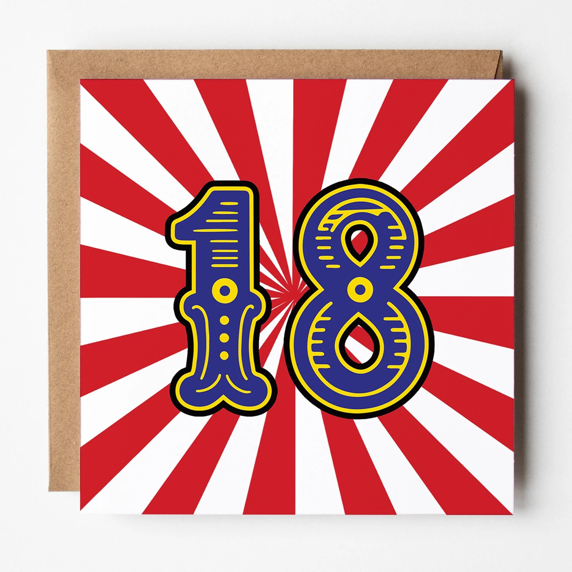 18th Birthday Card; Circus Theme with Kraft Envelope