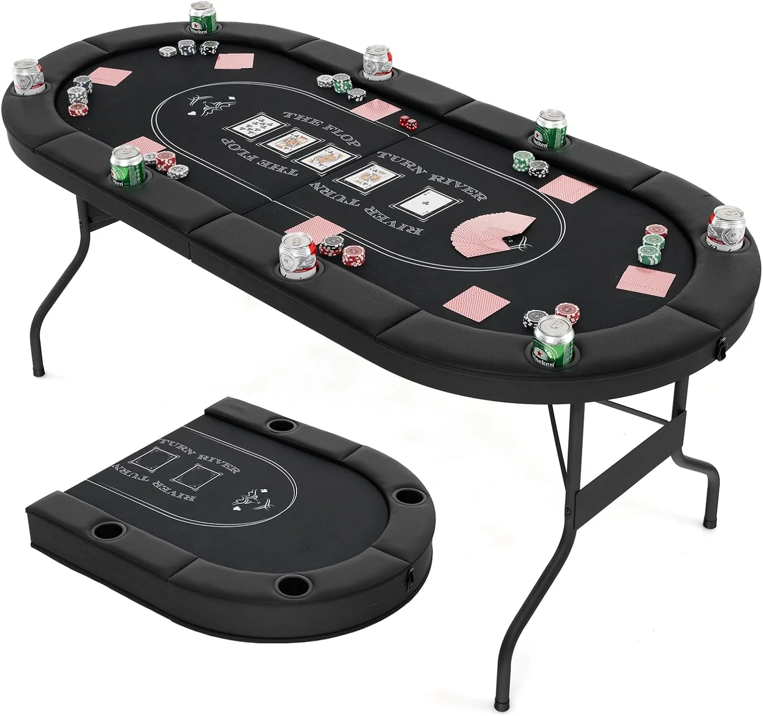 Poker Table Foldable, 8 Players Card Board Game Table w/Deep Metal Cup Holders