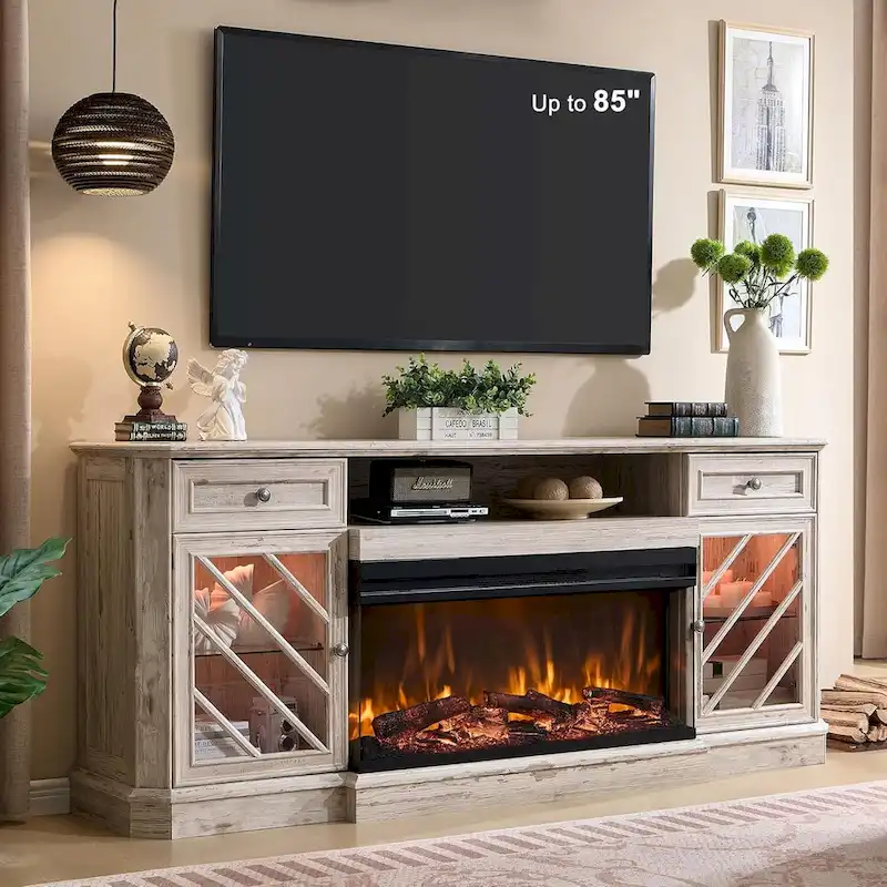 Farmhouse TV Stand with 3-Sided Fireplace, Entertainment Center