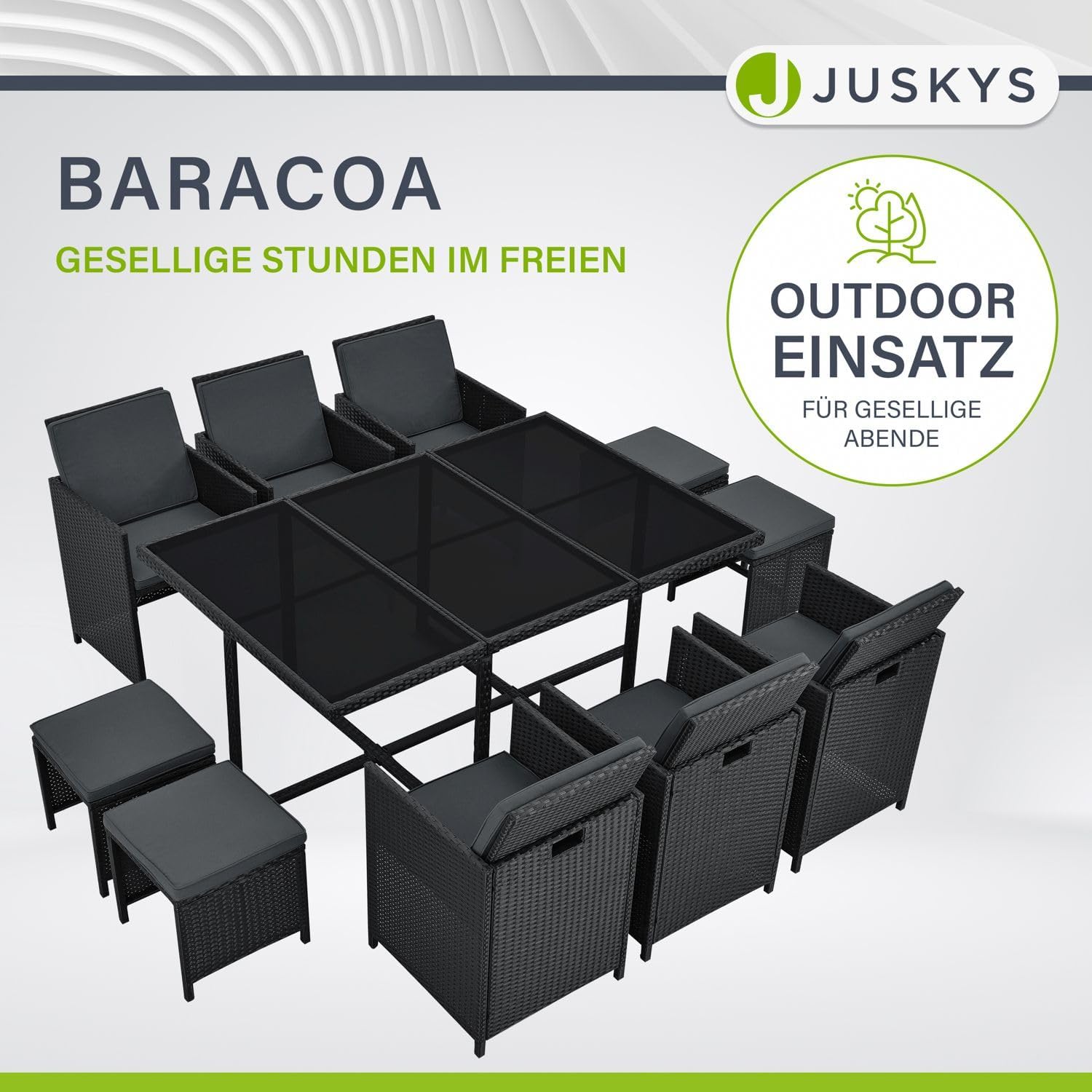 Juskys Polyrattan Sitzgruppe Baracoa XL 11-teilig wetterfest & stapelbar - 6 Stühle, 4 Hocker, Tisch mit Glasplatte & Kissen - 10 Personen - Gartenmöbel Set für Garten & Terrasse