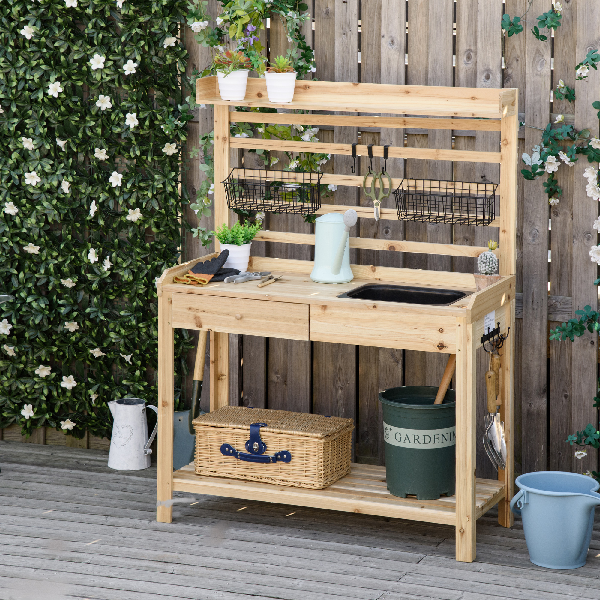 Outsunny Planttafel Tuintafel met Wastafel Houten Bloementafel met Ladehaak Mandplank Tuinterras Naturel 107,5 x 46 x 142 cm