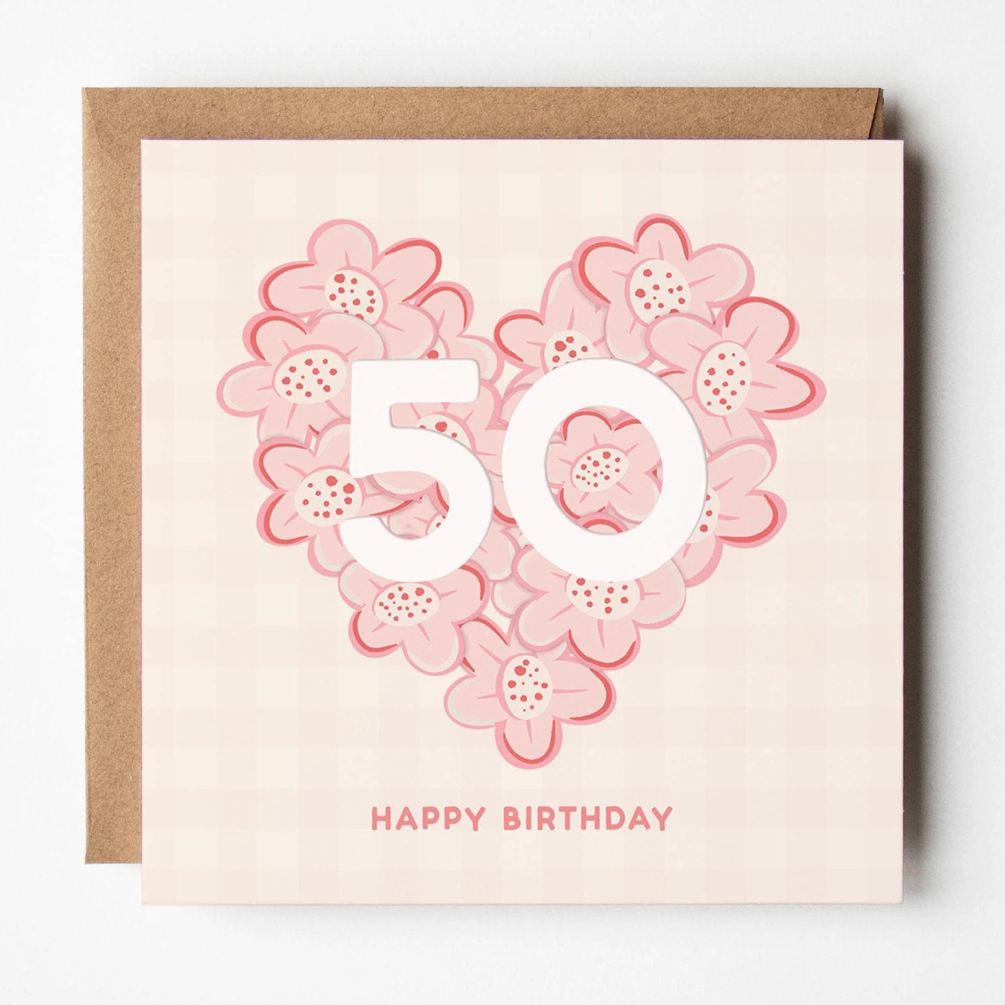 50th Birthday Card for Her; mum, daughter, niece, sister, friend, auntie, pretty, pink, with Kraft envelope