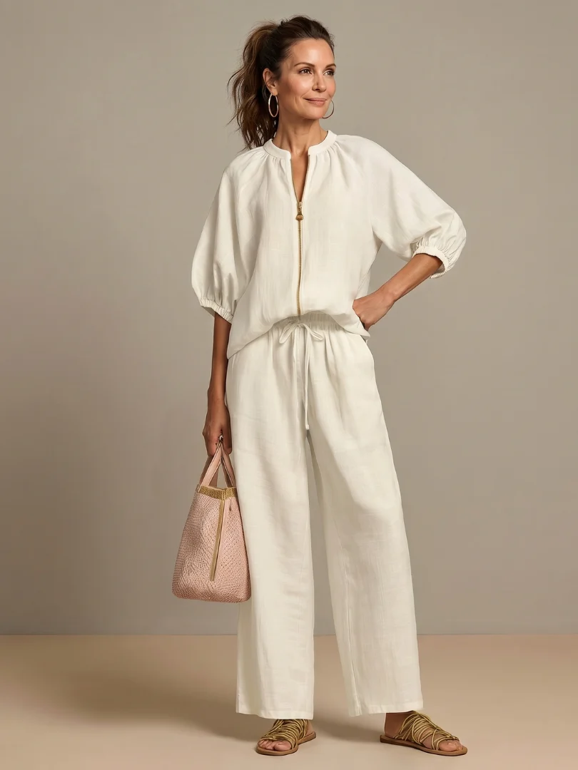 Women��s Two-Piece Zip Front Blouson Top and Wide Leg Trousers Set