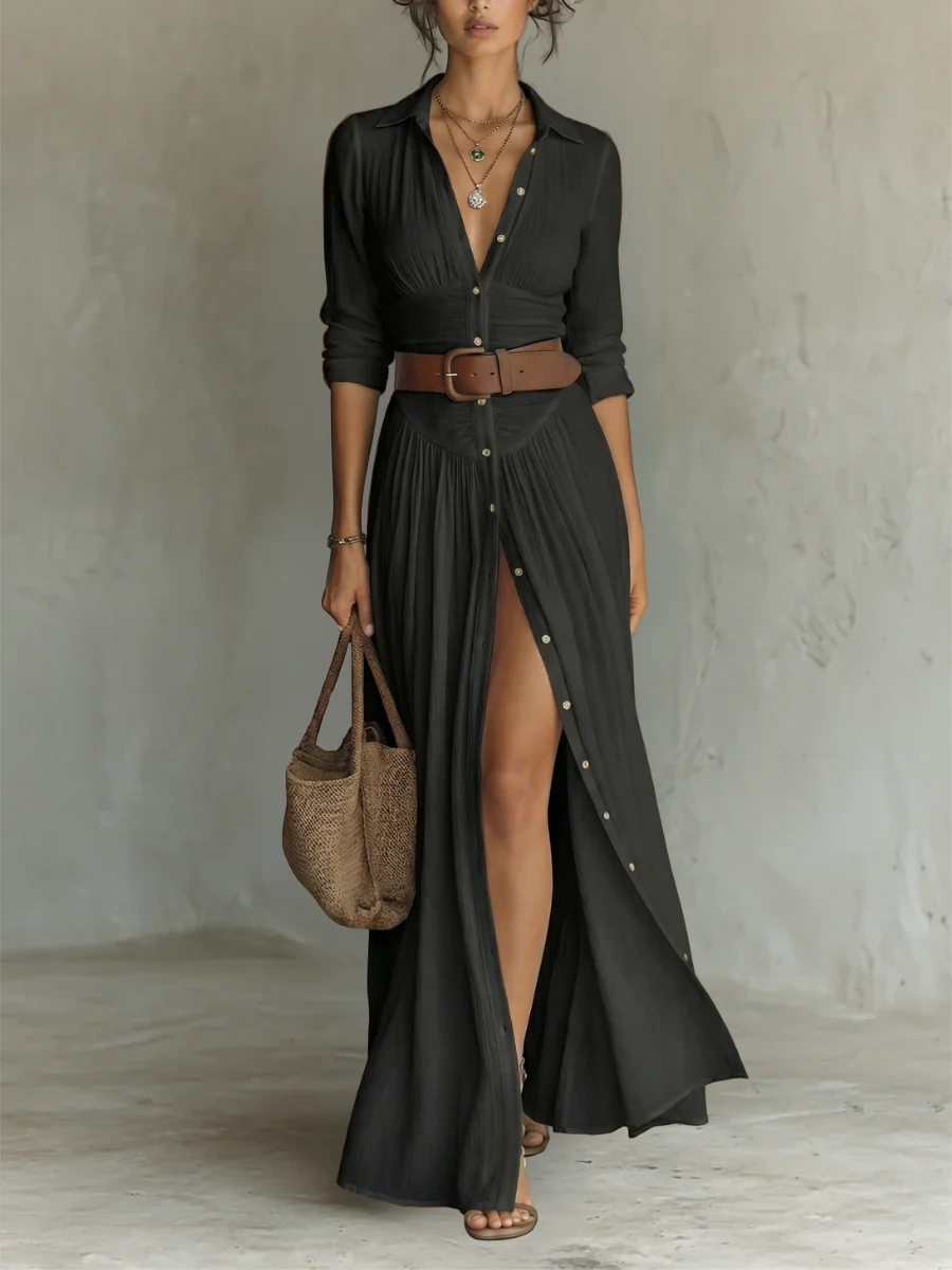 Women��s Elegant Long Sleeve Maxi Dress with Pleated Design