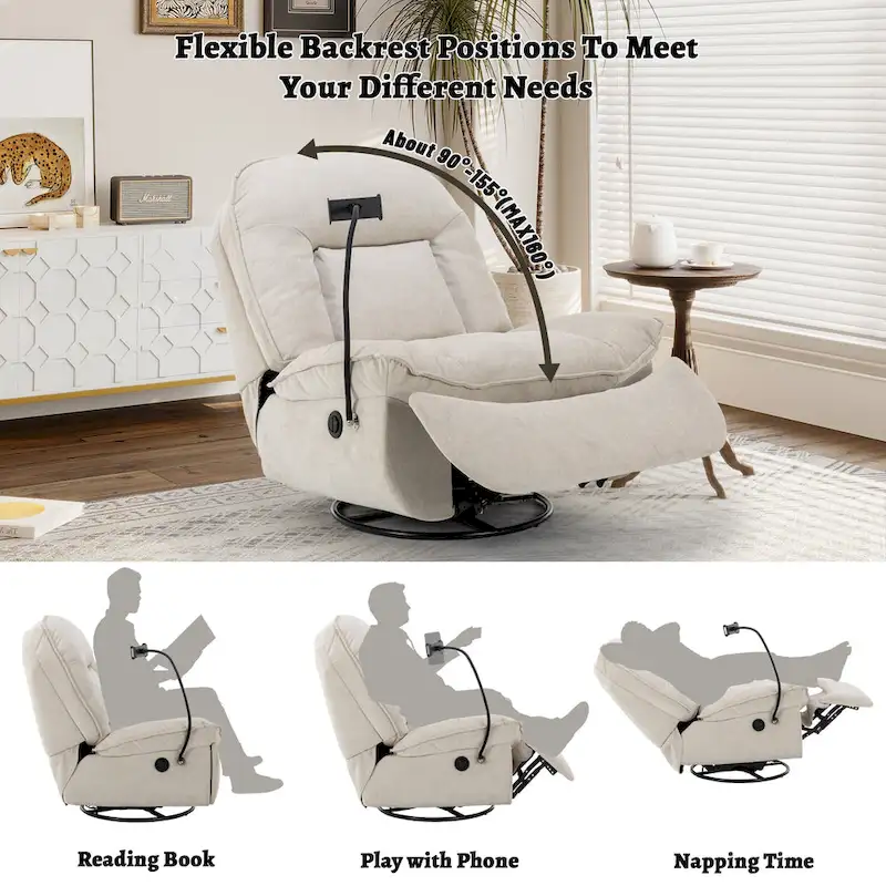 Clihome Adjustable Swivel Chenille Recliner with Phone Holder