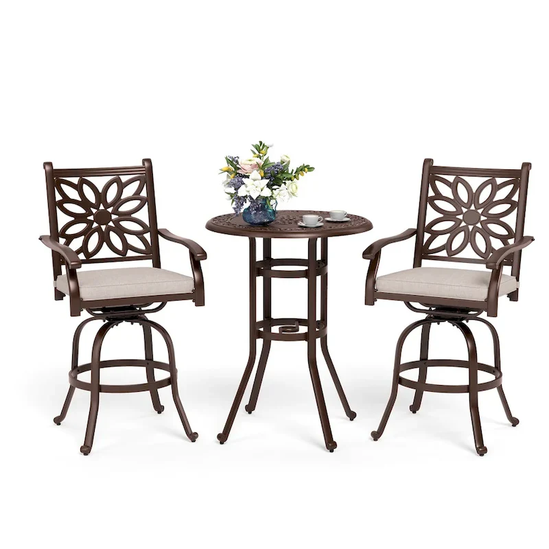 MAISON ARTS 3-Piece Cast Aluminum Patio Bar Stool Set of 1 Bar Table & 2 Swivel High Bar Stools