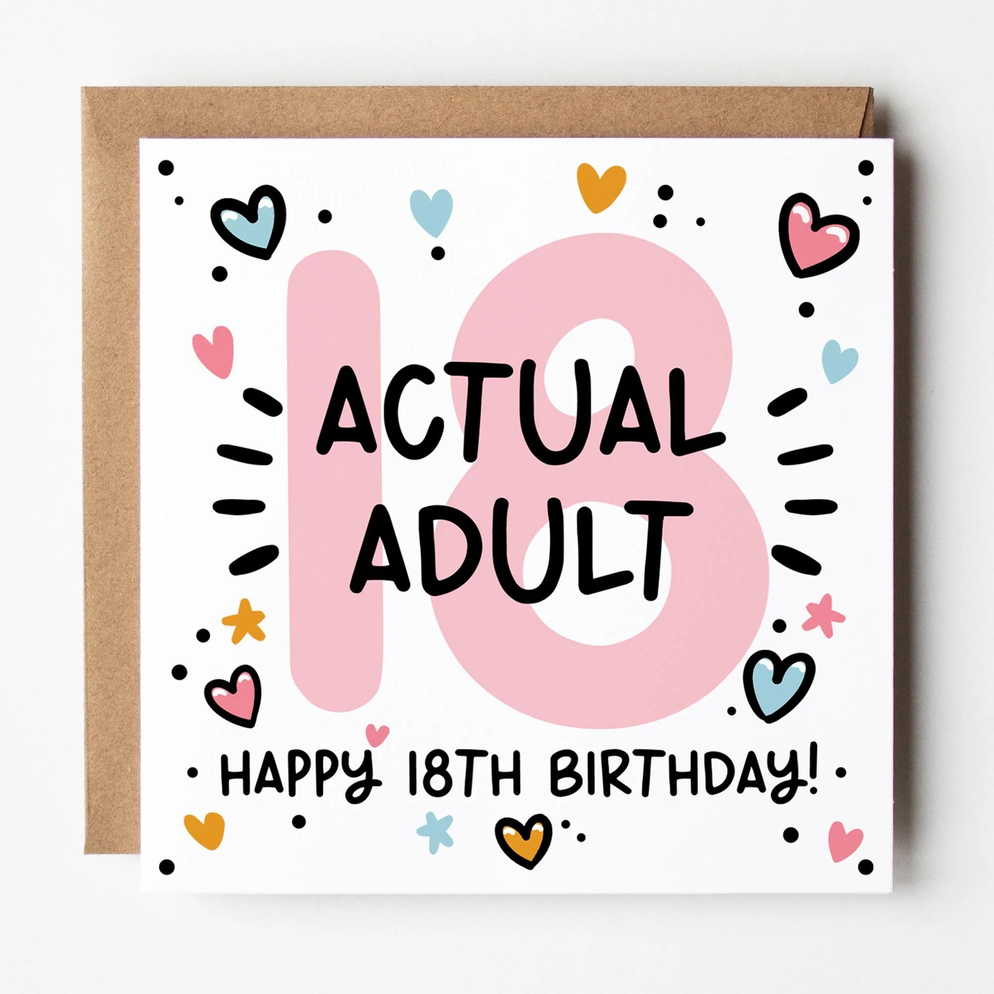 18th Birthday Card for Her: Pink 18, Actual Adult with Hearts and Kraft Envelope