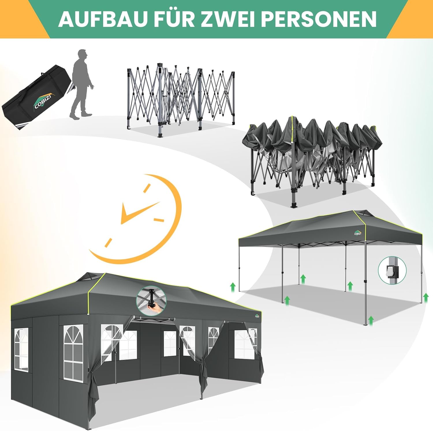 COBIZI Faltpavillon 3x6 Pavillon wasserdicht Winterfest, EIN-Tasten-Zentralverriegelung Partyzelt Faltbar Anti-UV mit Fluoreszierenden Streifen, 6 Seitenwänden, Gartenpavillon für Hochzeiten, Freien