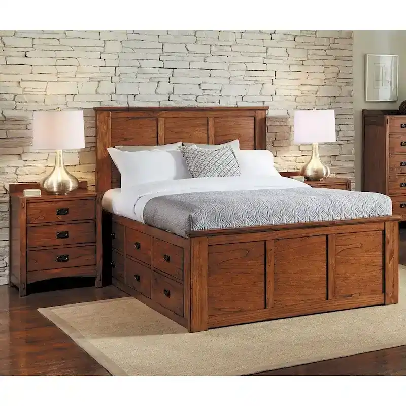 Queen Storage Bedroom Set 3-Piece - Solid Mindi Wood - 9 Drawers - 2 Nightstands with USB - Harvest Oak Finish - 67x86x58 inch