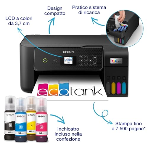EPSON EcoTank ET 2820 stampante Multifunzione A4 (stampa, copia, scansione) USB, Wi Fi Direct, display LCD 3,7 cm, serbatoi flaconi alta capacità, Epson Smart Panel, fronte/retro, Nero : Informatica