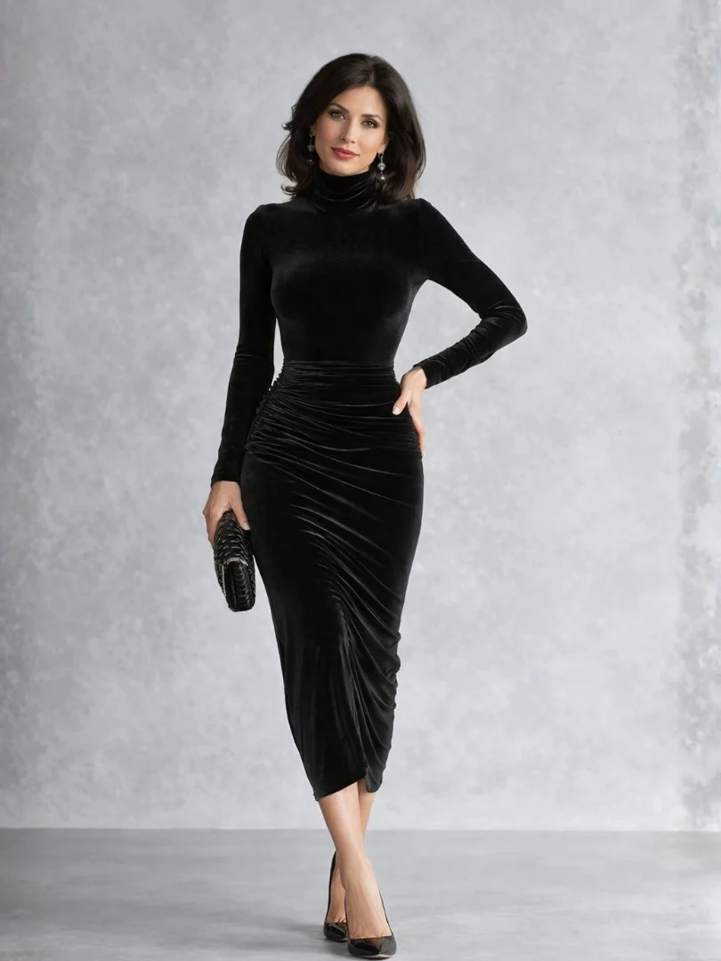 Women��s Velvet Midi Dress Ruched Detail and High Neckline