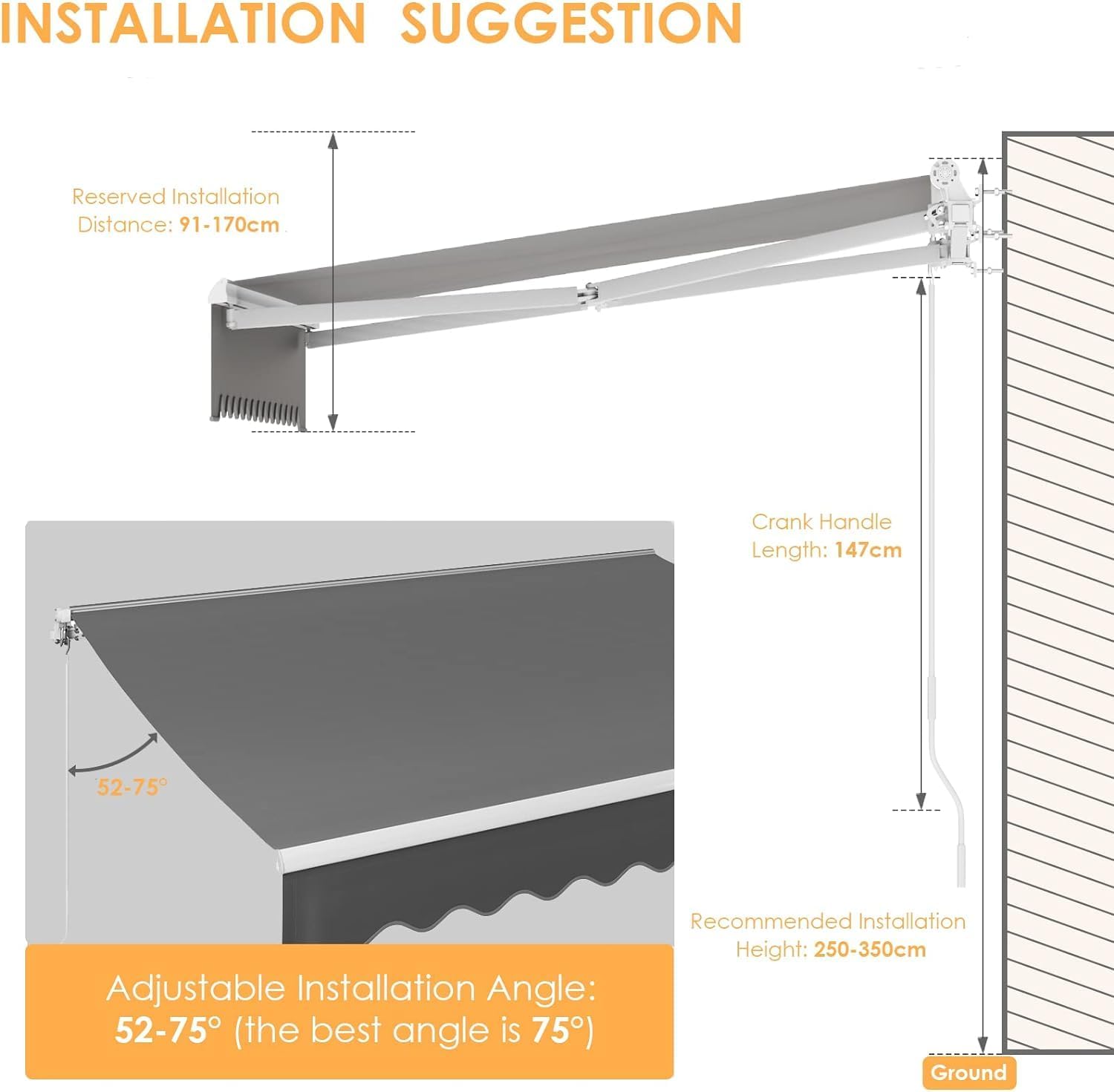 Awning with Manual Articulated Arm 300 x 250 cm, Adjustable, UV Resistant, Rainproof, Outdoor Patio, Balcony, Anthracite