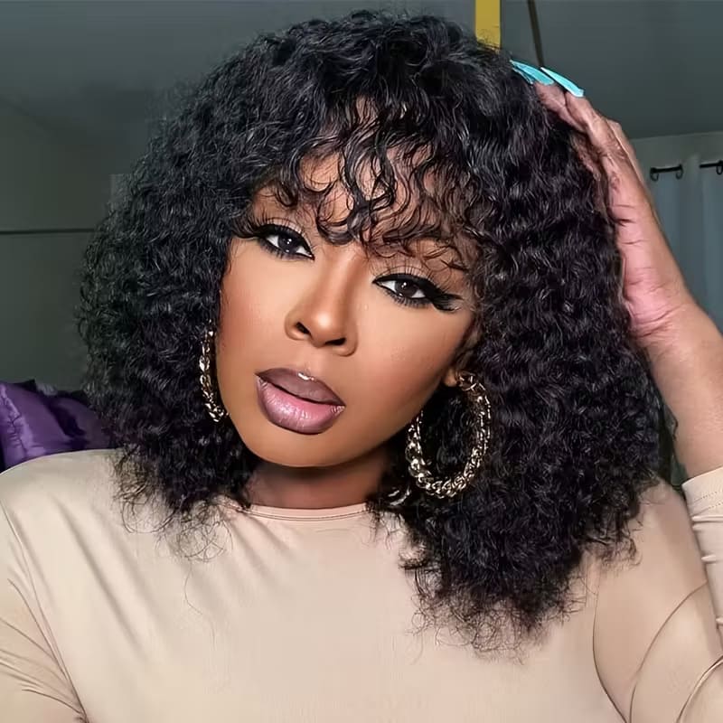 Clearance Glueless Curly Human Hair Wig With Bangs Machine Made Wig 1 By 2.75 Inches Top Lace