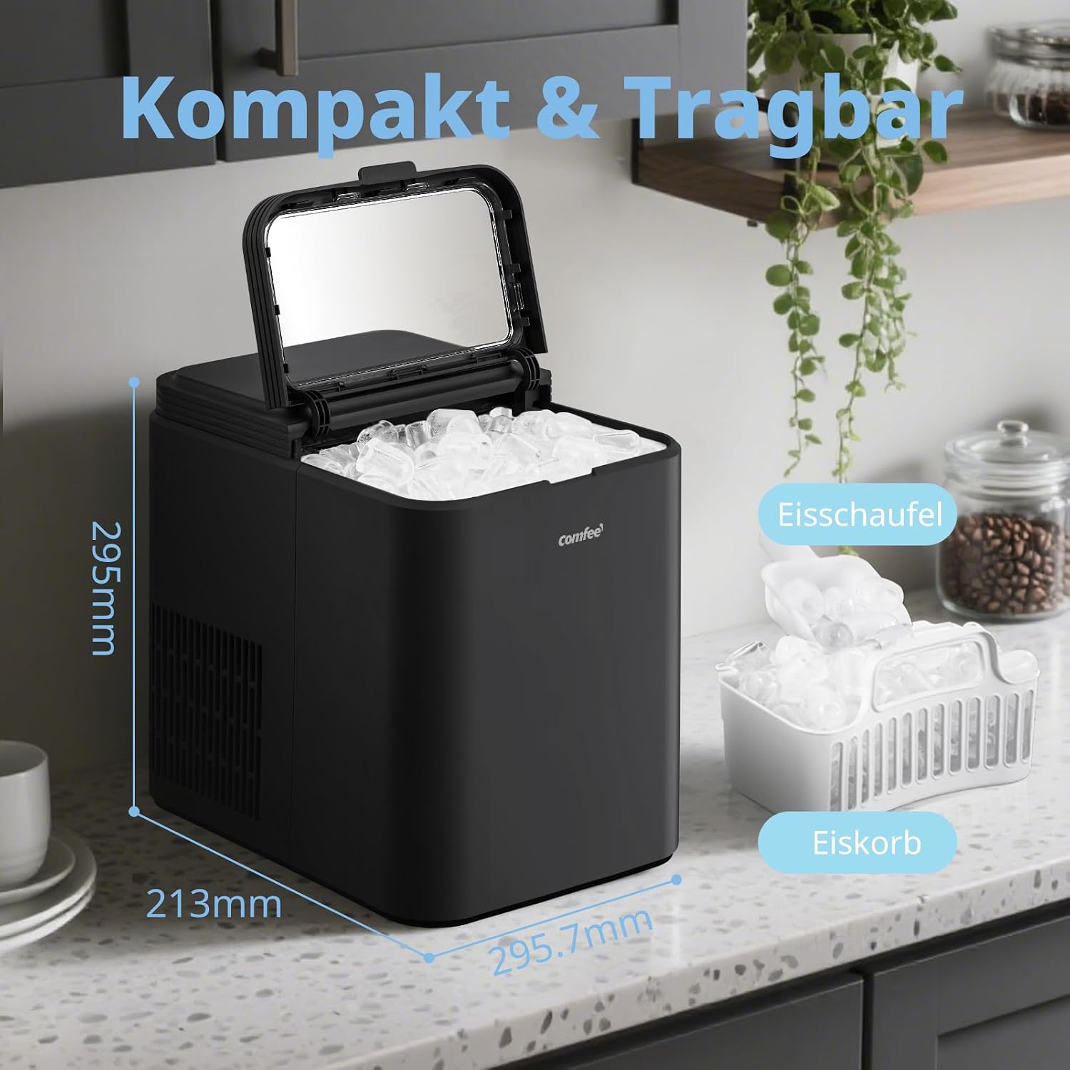 Comfee' RCI12BL1EU(E) Eiswürfelmaschine, 8 Eiswürfel in 6 Min.,12 kg/24 Std.,1,3L Wassertank, Selbstreinigungsfunktion, Kompakter Bullet Ice Maker, inkl.Eisschaufel & Korb für Zuhause– Schwarz