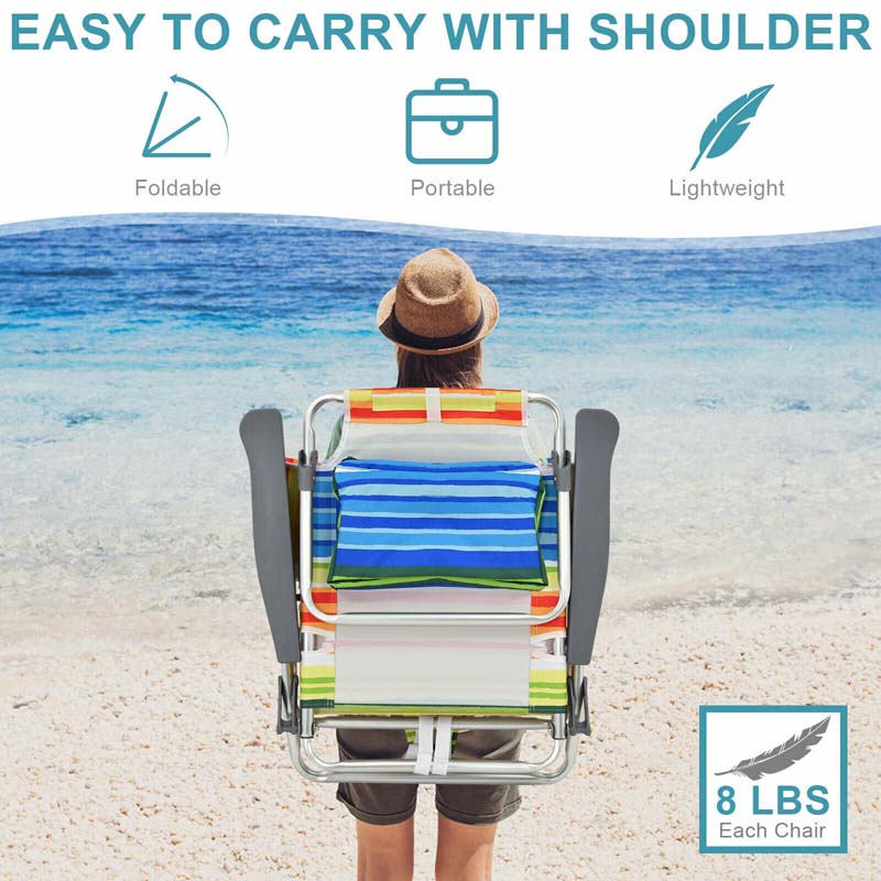 2-Pack Folding Beach Chair, Backpack Lawn Chairs, Sling Camping Chair, Patio Reclining Chairs with 5 Adjustable Position, Head Pillow