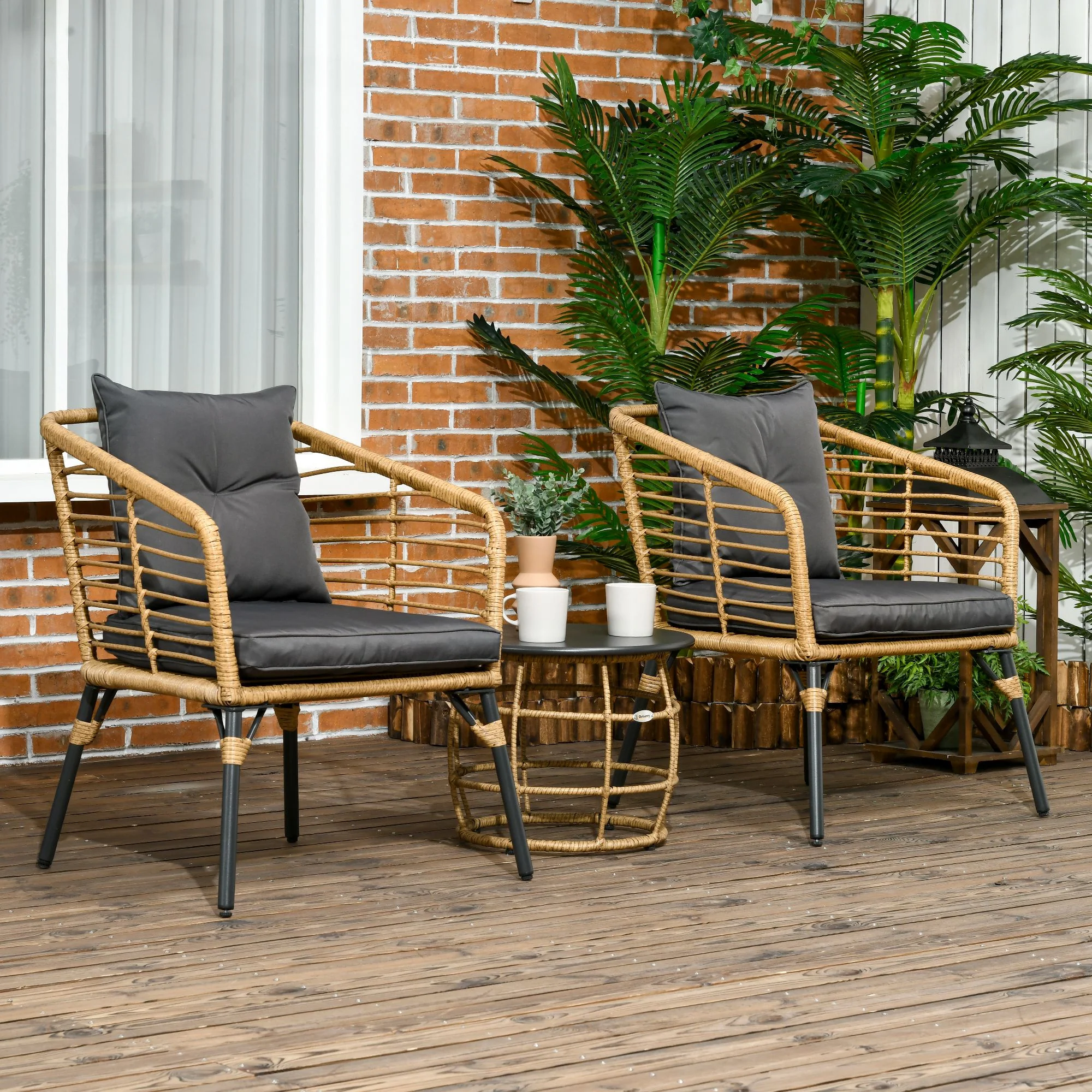 Outsunny rotan tuinmeubelset 3-delig. Zitgroep met kussens voor terras balkon